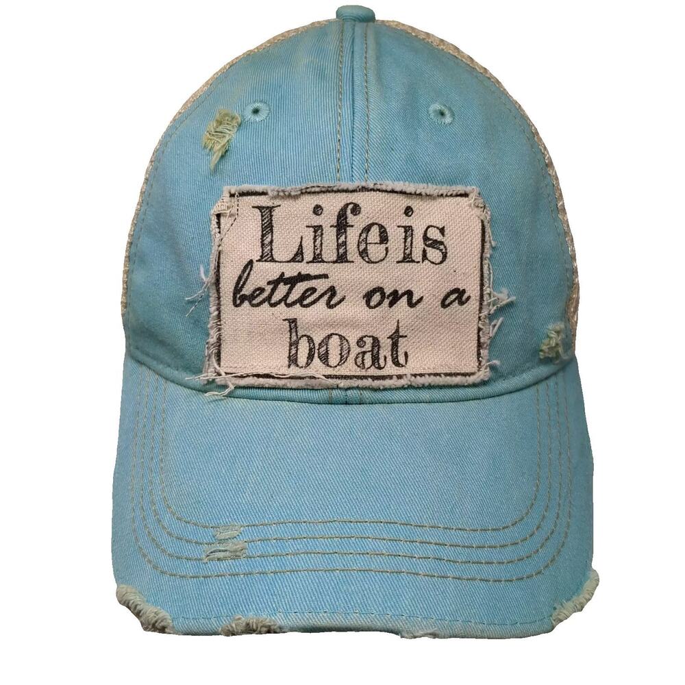 Headmost Trucker Hat Blue Beige OS Snapback Boat Distressed Life is Better Patch